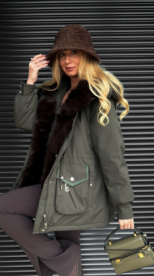 Kurtka zimowa PARKA z kapturem i ekskluzywnym futerkiem MOSS GREEN - S608