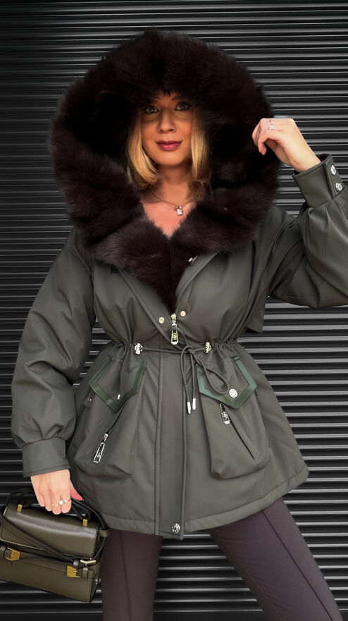 Kurtka zimowa PARKA z kapturem i ekskluzywnym futerkiem MOSS GREEN - S608