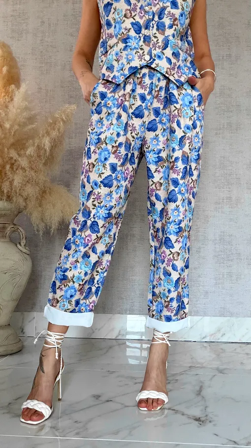 Komplet z kwiatowym printem BLUE kamizelka + spodnie ONE SIZE - R904B