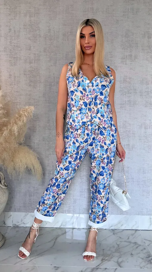Komplet z kwiatowym printem BLUE kamizelka + spodnie ONE SIZE - R904B