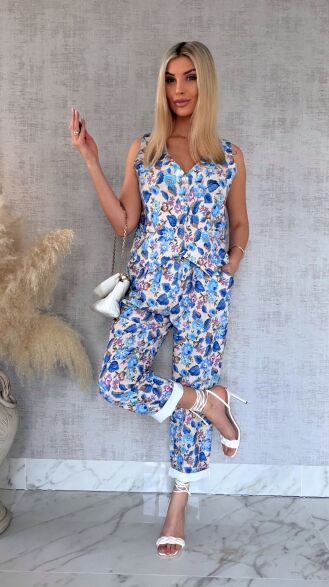Komplet z kwiatowym printem BLUE kamizelka + spodnie ONE SIZE - R904B