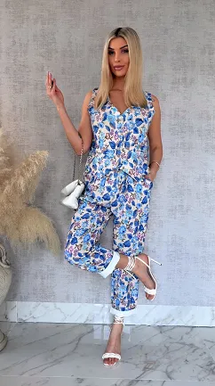 Komplet z kwiatowym printem BLUE kamizelka + spodnie ONE SIZE - R904B