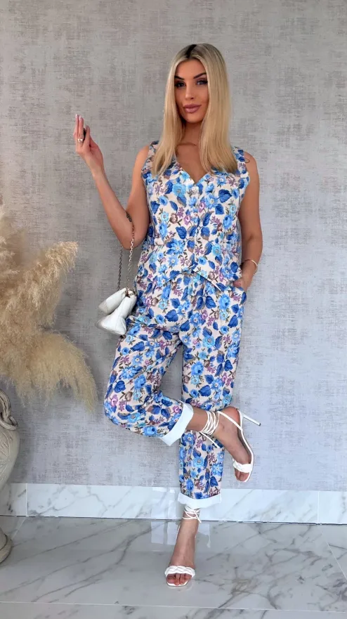 Komplet z kwiatowym printem BLUE kamizelka + spodnie ONE SIZE - R904B
