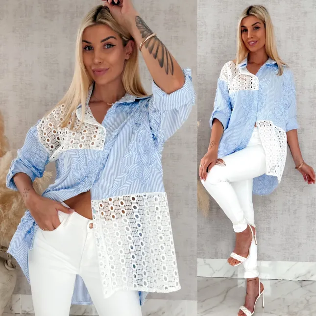 Niebieska bawełniana koszula w paski z białą koronką ONE SIZE - R818