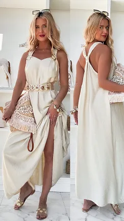 Gładka letnia MAXI sukienka w beżowym kolorze ONE SIZE - P874B