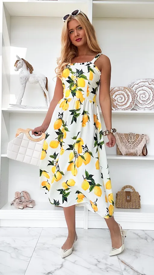 Elegancka biała sukienka w cytryny ONE SIZE - P920B