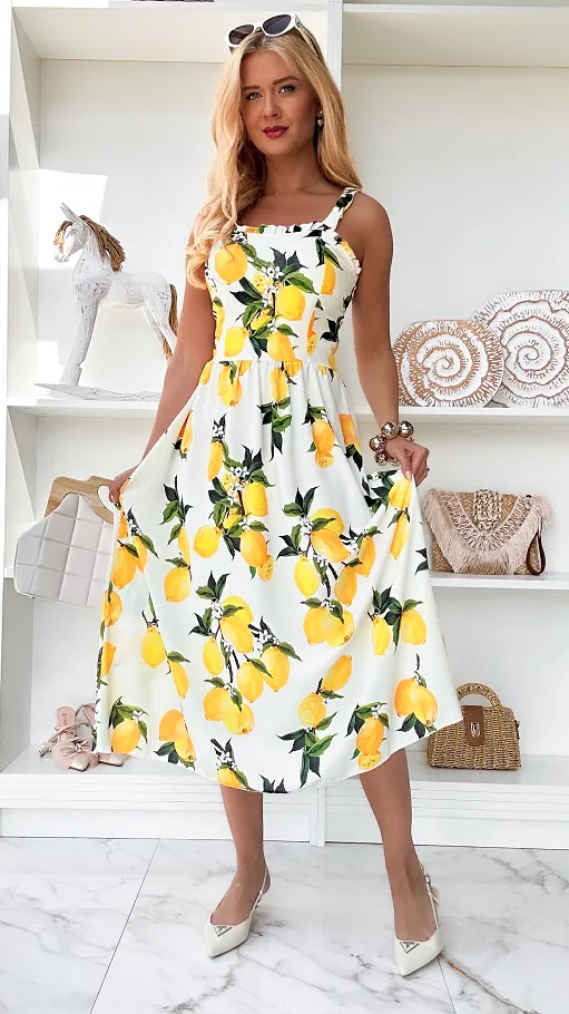 Elegancka biała sukienka w cytryny ONE SIZE - P920B