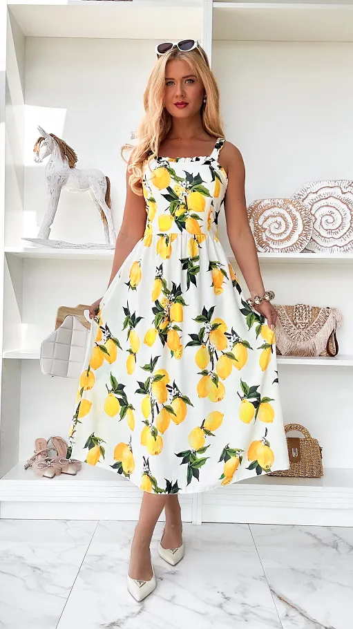 Elegancka biała sukienka w cytryny ONE SIZE - P920B