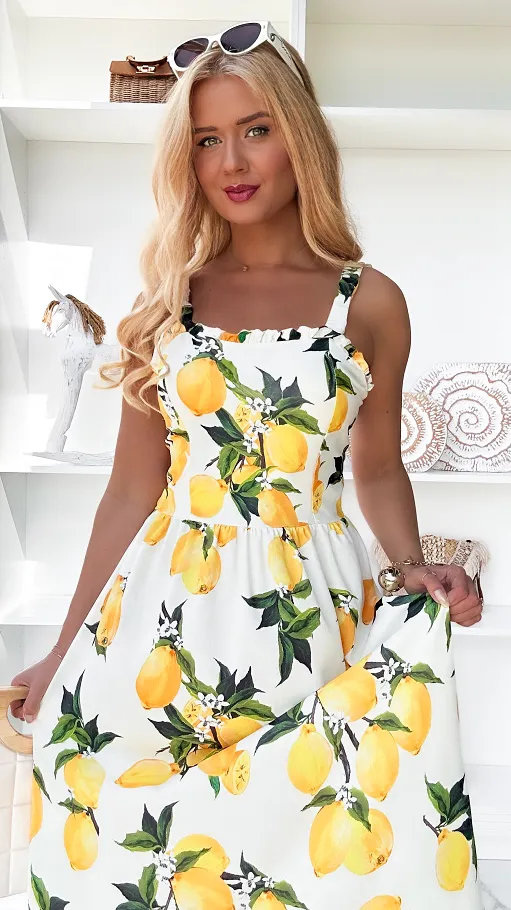 Elegancka biała sukienka w cytryny ONE SIZE - P920B