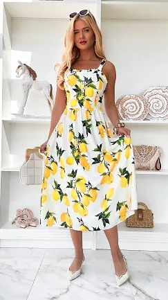 Elegancka biała sukienka w cytryny ONE SIZE - P920B