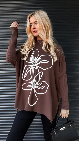 Długi sweter TUNIKA z białymi kwiatami ONE SIZE - R177