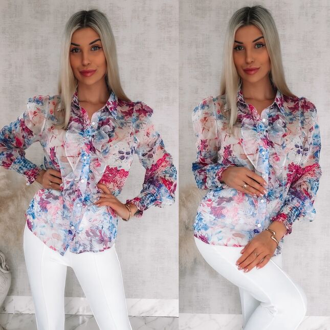 Elegancka bluzka koszulowa MGIEŁKA w fioletowo-różowe kwiaty - R739B