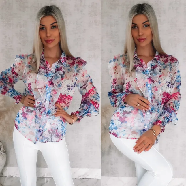 Elegancka bluzka koszulowa MGIEŁKA w fioletowo-różowe kwiaty - R739B