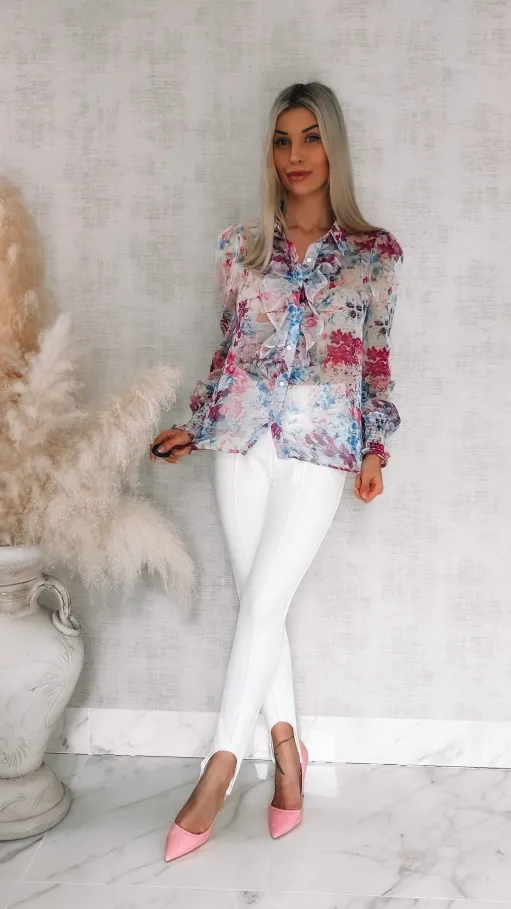 Elegancka bluzka koszulowa MGIEŁKA w fioletowo-różowe kwiaty - R739B