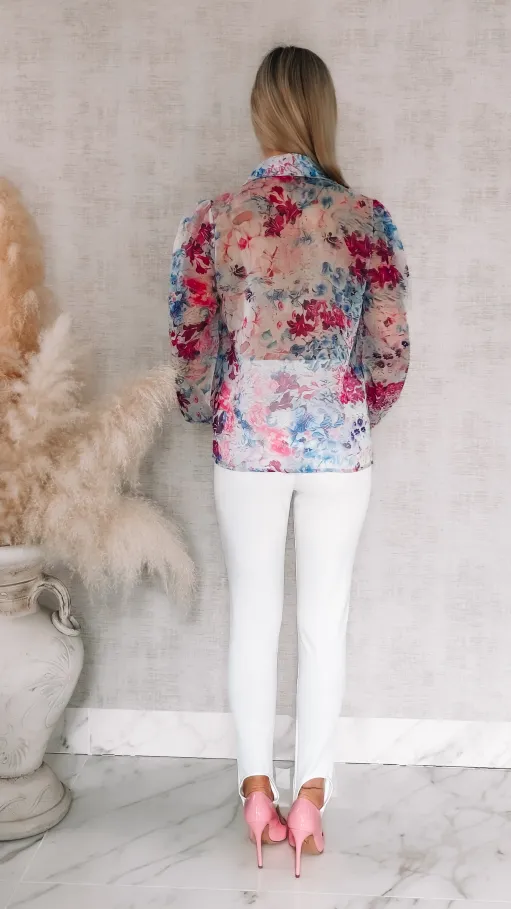 Elegancka bluzka koszulowa MGIEŁKA w fioletowo-różowe kwiaty - R739B