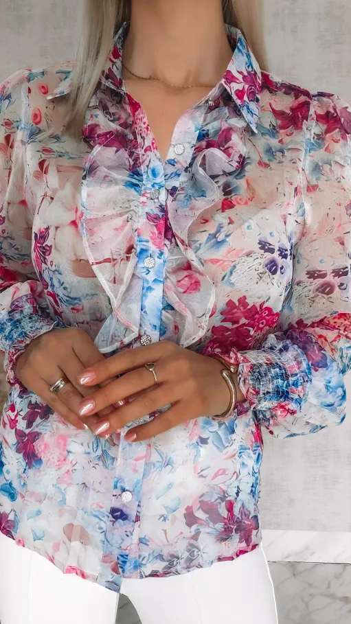 Elegancka bluzka koszulowa MGIEŁKA w fioletowo-różowe kwiaty - R739B