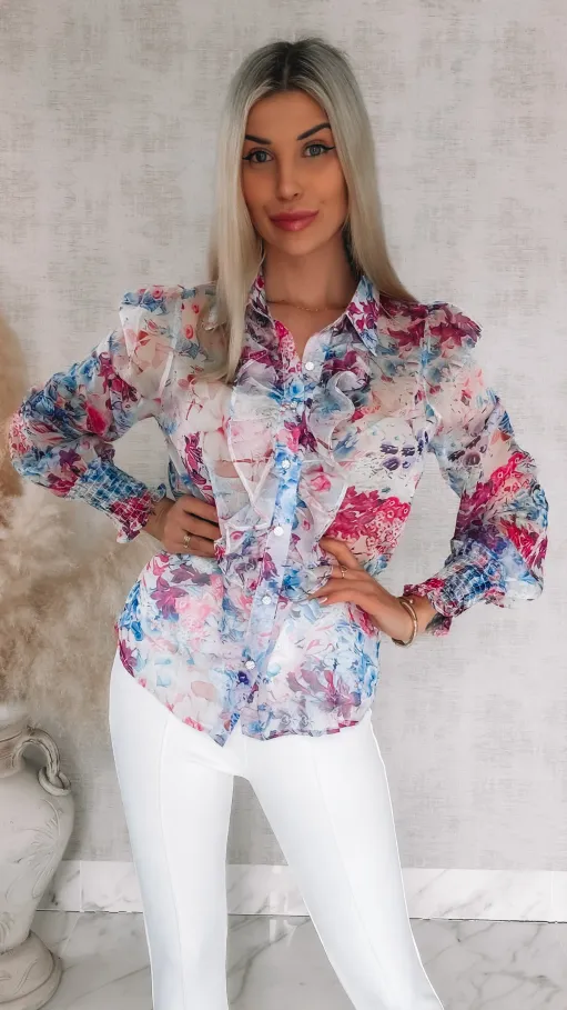 Elegancka bluzka koszulowa MGIEŁKA w fioletowo-różowe kwiaty - R739B