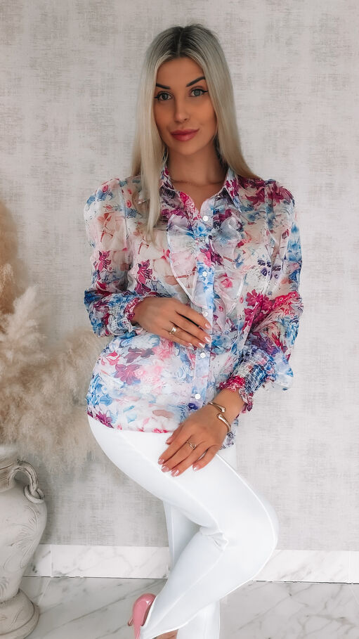 Elegancka bluzka koszulowa MGIEŁKA w fioletowo-różowe kwiaty - R739B