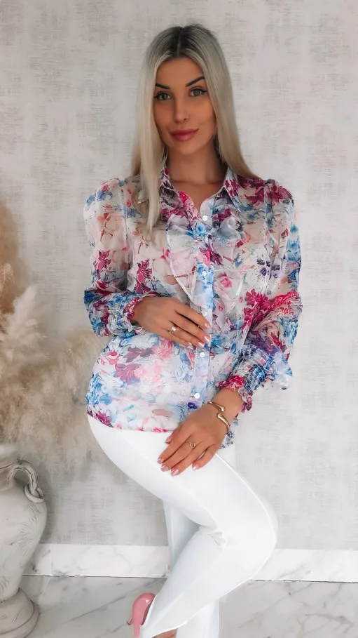 Elegancka bluzka koszulowa MGIEŁKA w fioletowo-różowe kwiaty - R739B