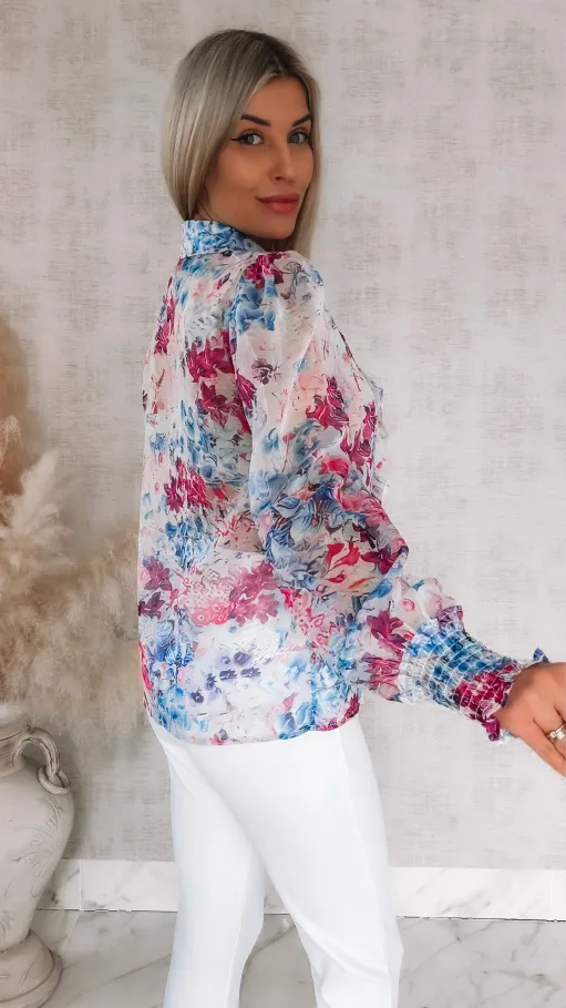 Elegancka bluzka koszulowa MGIEŁKA w fioletowo-różowe kwiaty - R739B