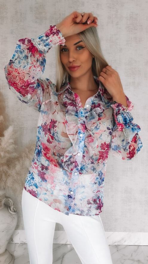 Elegancka bluzka koszulowa MGIEŁKA w fioletowo-różowe kwiaty - R739B