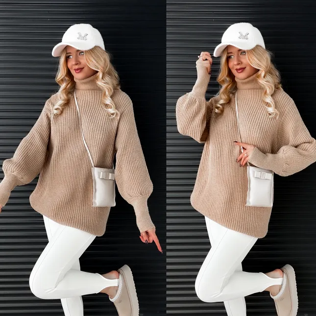 Sweter TUNIKA z golfem OVERSIZE beżowy - N809A