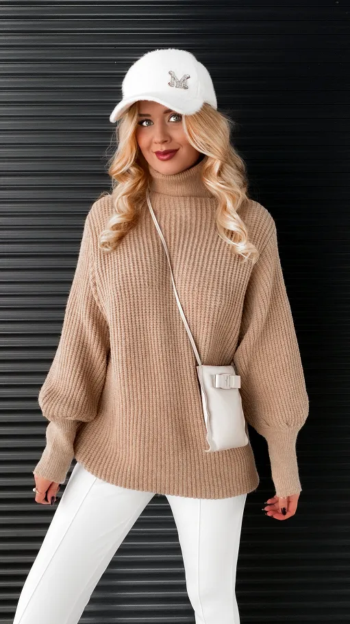 Sweter TUNIKA z golfem OVERSIZE beżowy - N809A