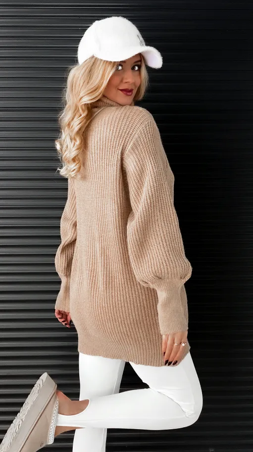 Sweter TUNIKA z golfem OVERSIZE beżowy - N809A