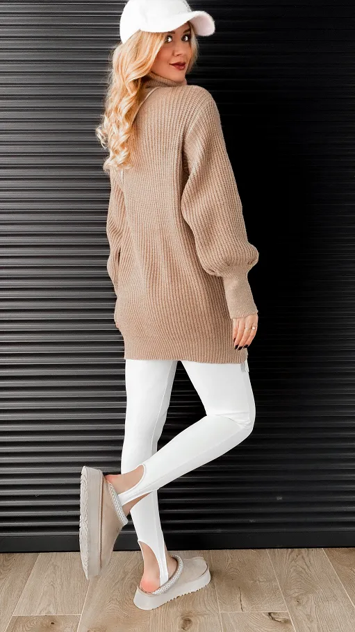 Sweter TUNIKA z golfem OVERSIZE beżowy - N809A