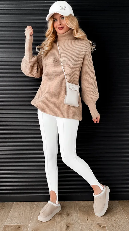 Sweter TUNIKA z golfem OVERSIZE beżowy - N809A