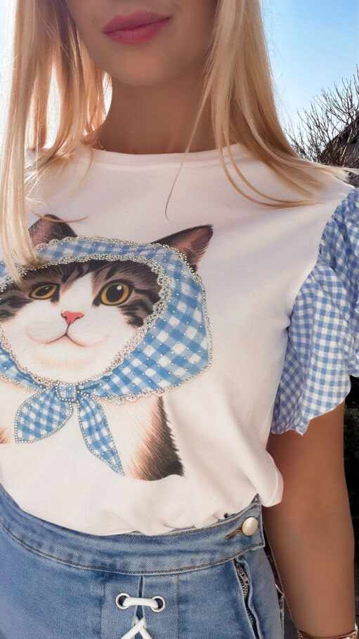 Biała bawełniana bluzka T-SHIRT z kotkiem i niebieską kratką ONE SIZE - R790