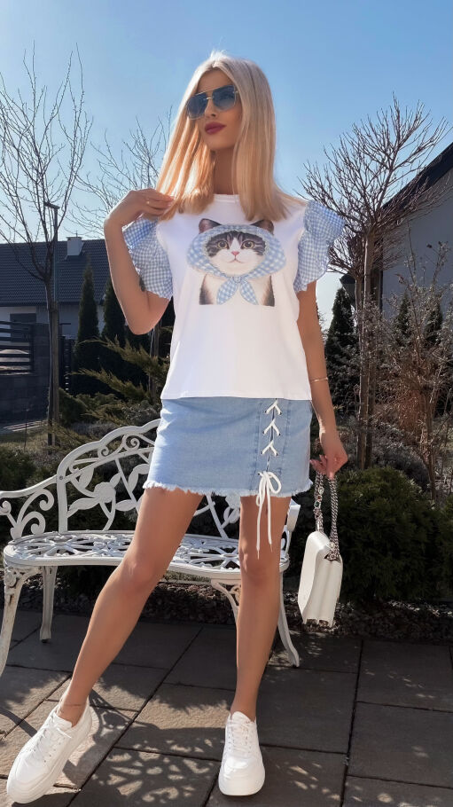 Biała bawełniana bluzka T-SHIRT z kotkiem i niebieską kratką ONE SIZE - R790