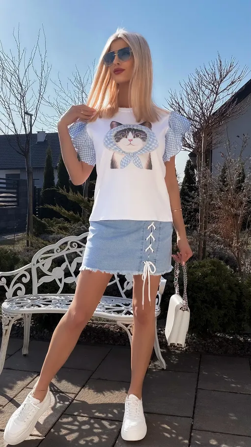 Biała bawełniana bluzka T-SHIRT z kotkiem i niebieską kratką ONE SIZE - R790