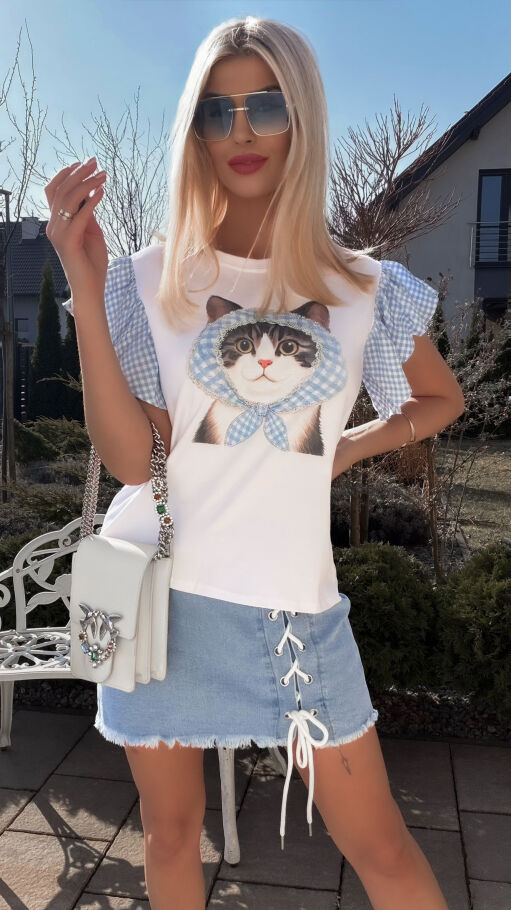Biała bawełniana bluzka T-SHIRT z kotkiem i niebieską kratką ONE SIZE - R790