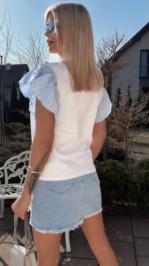 Biała bawełniana bluzka T-SHIRT z kotkiem i niebieską kratką ONE SIZE - R790