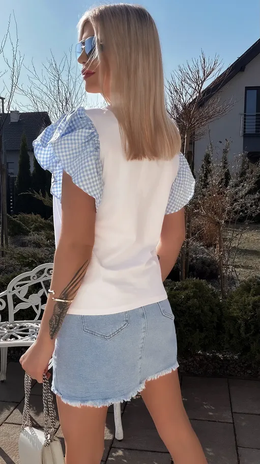 Biała bawełniana bluzka T-SHIRT z kotkiem i niebieską kratką ONE SIZE - R790