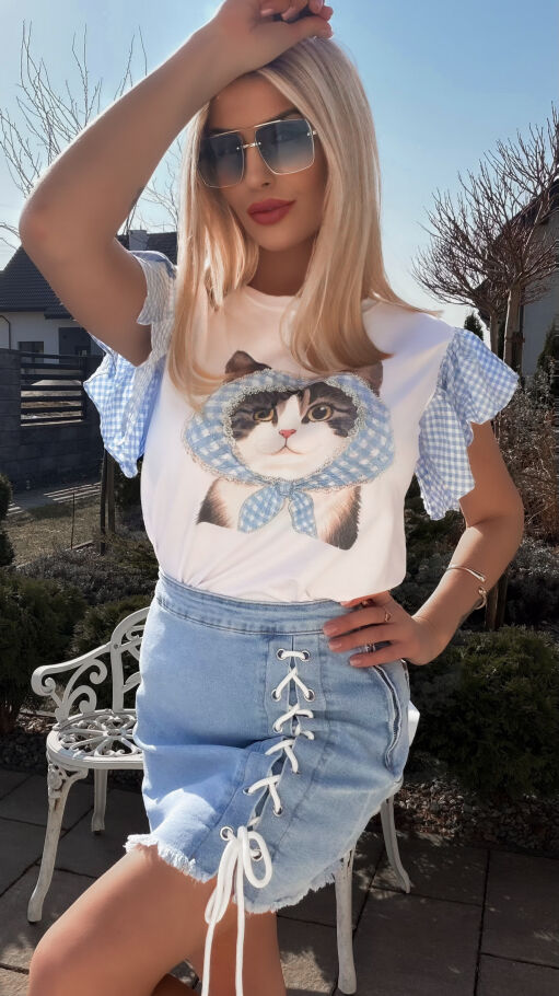 Biała bawełniana bluzka T-SHIRT z kotkiem i niebieską kratką ONE SIZE - R790