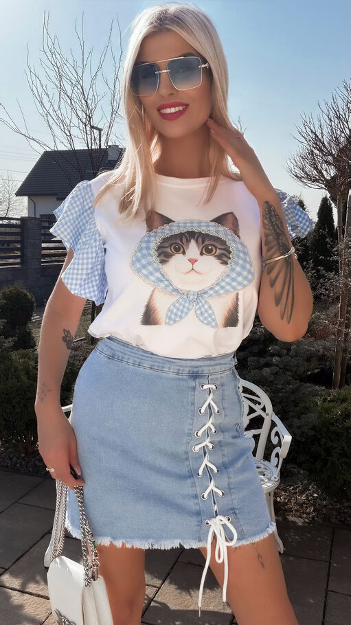 Biała bawełniana bluzka T-SHIRT z kotkiem i niebieską kratką ONE SIZE - R790