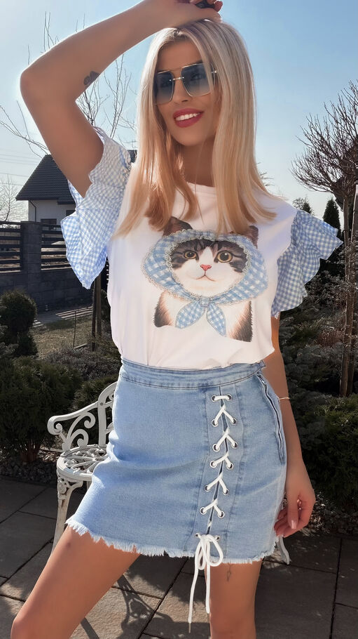 Biała bawełniana bluzka T-SHIRT z kotkiem i niebieską kratką ONE SIZE - R790