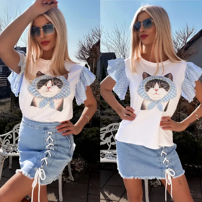 Biała bawełniana bluzka T-SHIRT z kotkiem i niebieską kratką ONE SIZE - R790