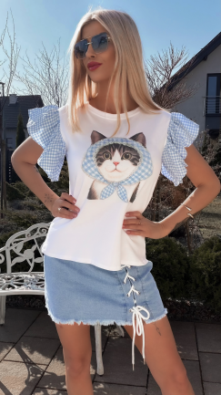 Biała bawełniana bluzka T-SHIRT z kotkiem i niebieską kratką ONE SIZE - R790