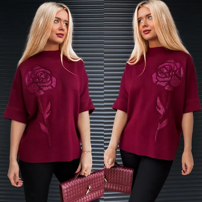 Sweter półgolf w kolorze BORDO z różą - R178A