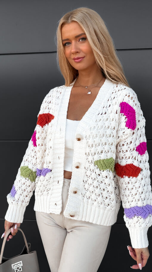Ażurowy sweter ECRU na guziki z kolorowymi wstawkami ONE SIZE - S340