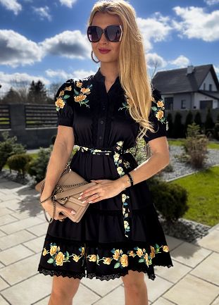 Lekka wiosenna sukienka w żółte róże CZARNA - L742B