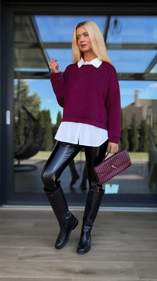 Bordowa bluza w mini cyrkonie z koszulową wstawką ONE SIZE - R105