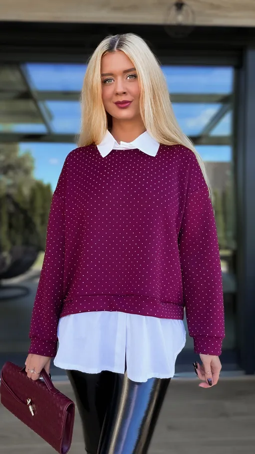 Bordowa bluza w mini cyrkonie z koszulową wstawką ONE SIZE - R105