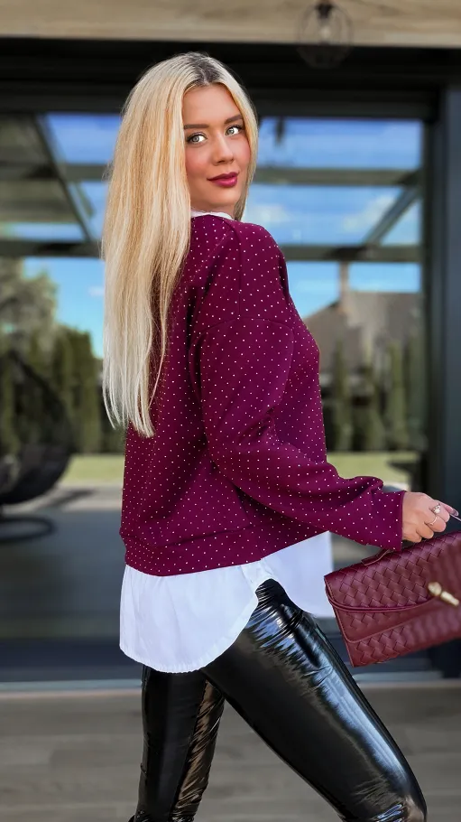 Bordowa bluza w mini cyrkonie z koszulową wstawką ONE SIZE - R105