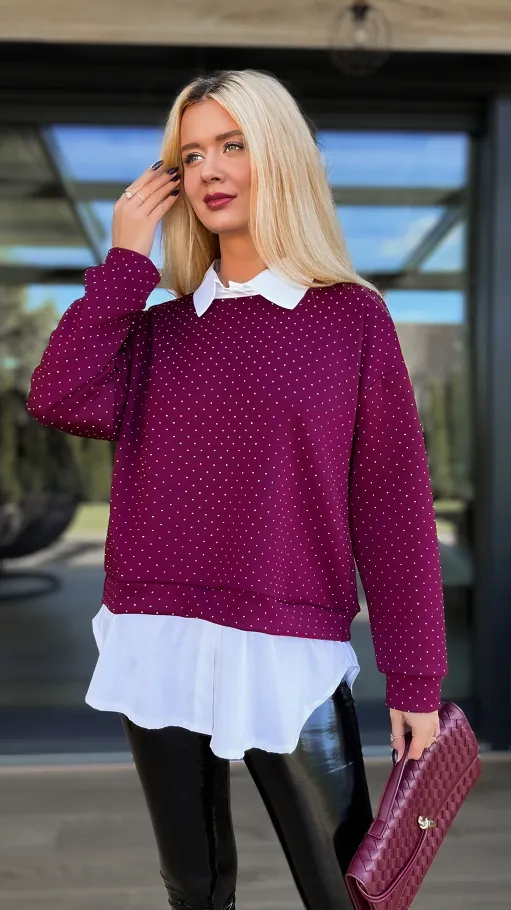 Bordowa bluza w mini cyrkonie z koszulową wstawką ONE SIZE - R105