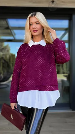 Bordowa bluza w mini cyrkonie z koszulową wstawką ONE SIZE - R105